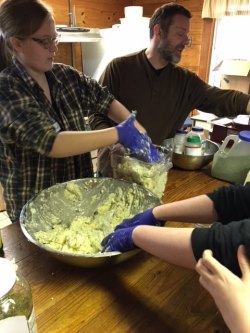 Students find that making garlic butter is a very hands-on experience.