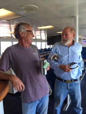 Commissioner Tom Pahl and Capt. Rob Temple exemplify the high spirits of the Ocracoke Express passengers.