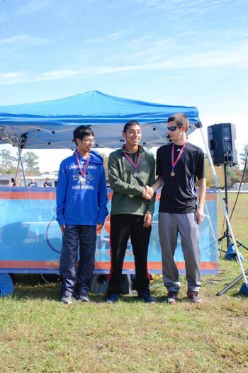 Overall winners of the boys' race: 1st, Dominic Brooks of Camden, 2nd, Kevin Perez of Ocracoke, 3rd Holden Newman of Northside.