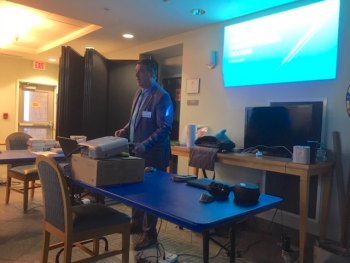 Superintendent Steve Basnight holds an informational meeting for Ocracoke School parents to explain Hurricane Dorian rebuilding plans.