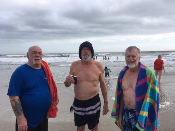 Capt. Rob (center, age 74) is flanked by Jim Ogden (left, 72) and Bill Jones (right, 74 but three months younger than Rob) represented the Senior Citizen brigade at the Polar Plunge.