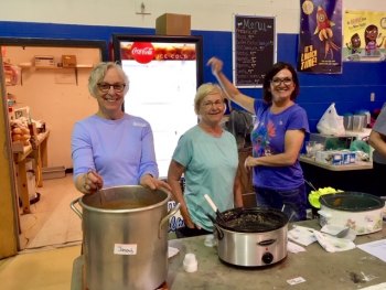 Volunteers Margo Babb and Ann Borland served chowders; Robin Macek, the new owner of Oscar's House B & B, served her own. 