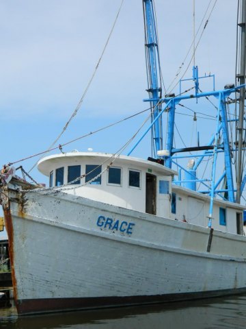 Wooden trawler “Grace” is owned and operated by Ernie Stotesberry in Swan Quarter. A ban on trawling would put him out of the business of a lifelong, family trade. 