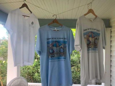 2020 Fig Festival tees in white (v-neck), baby blue, and silver gray. We also have ice blue v-necks.