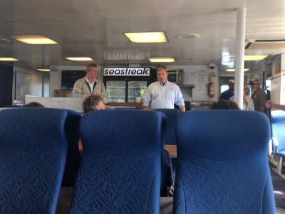 Ferry Division Director Harold Thomas (left) and Deputy Director Jed Dixon were on board to answer questions. (Check out those comfy seats!)
