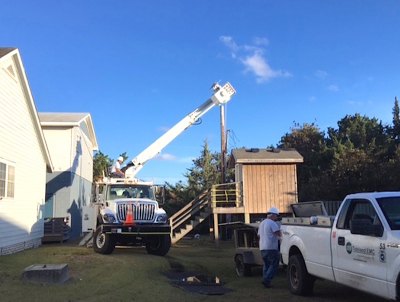 This pole behind the old Fire Hall was a casualty of Matthew, and has nothing to do with today's outage. But it does show our wonderful Tideland guys hard at work!