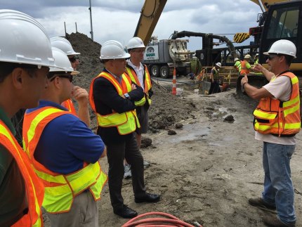 Sec. Trogdon, along with other NCDOT and local officials, survey the damage to an electrical line near the Bonner Bridge that caused a power outage on Hatteras and Ocracoke.