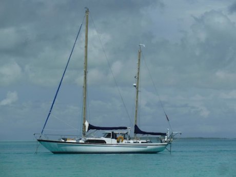 Serranity anchored off the island of Mauritius in the Indian Ocean