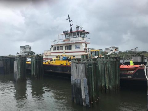 The Hatteras-Ocracoke ferry route remains CLOSED to the public today, but we did get some road crews and heavy equipment over to Ocracoke to work on clearing, inspecting, and repairing a closed section of NC12 between the ferry terminal and the Pony Pens.