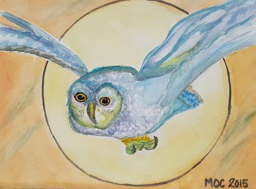 "Owl & Moon" by Maureen Ohar Ciancio, watercolor on paper. We named her Hedwig and she came home with us!