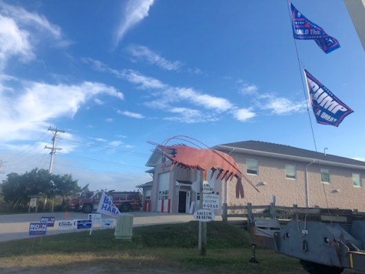 Battle of the Signs Part 3: Ocracoke, like the rest of the country, is divided over left-right politics. Mickey took her signs home Friday afternoon; Charlie's flags were down by Saturday. We all agree on seafood, so the shrimp is a permanent fixture.