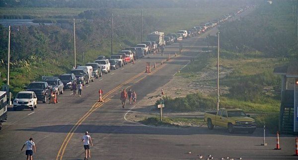 The evacuation line was impressive Friday evening. This is why Ocracoke has to make the decision about evacuating when the storm is days away. 