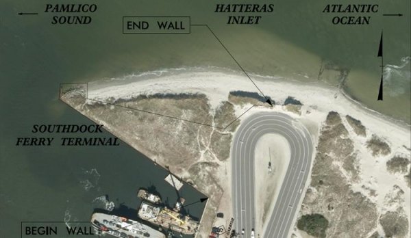 An aerial photo showing the location of the bulkhead construction project on the north end of Ocracoke Island.